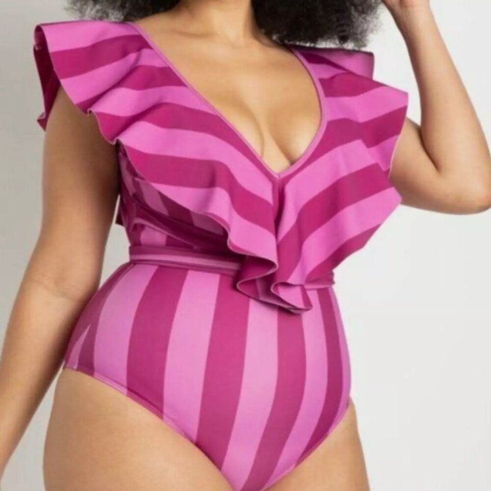 NWT Eloquii Ruffle Shoulder One-Piece Swimsuit with Belt, Summer Stripe, Size 24